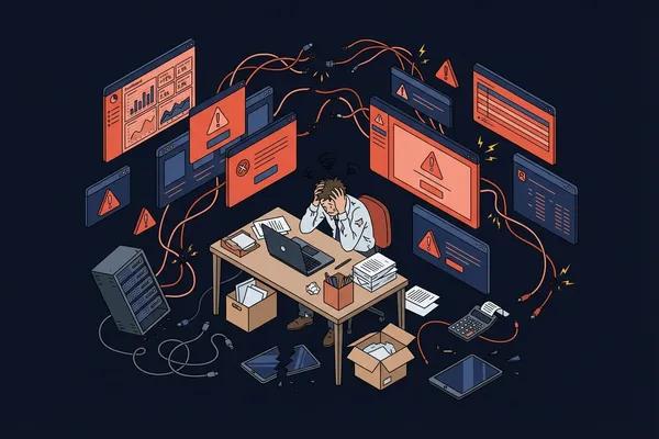 Stressed business owner with disconnected tools